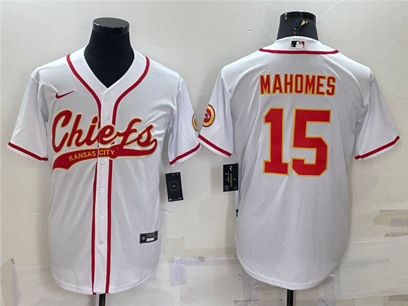 Men's Kansas City Chiefs #15 Patrick Mahomes White With Patch Cool Base Stitched Baseball Jersey